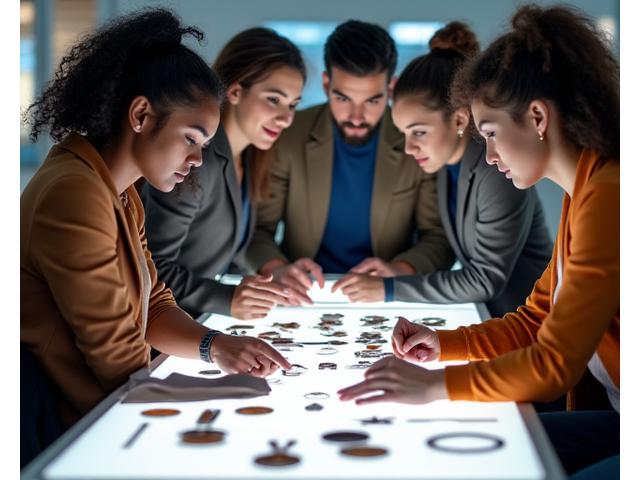 A diverse team of watch experts collaborating around a table, reviewing watch prototypes, case designs, and material samples in a modern studio.