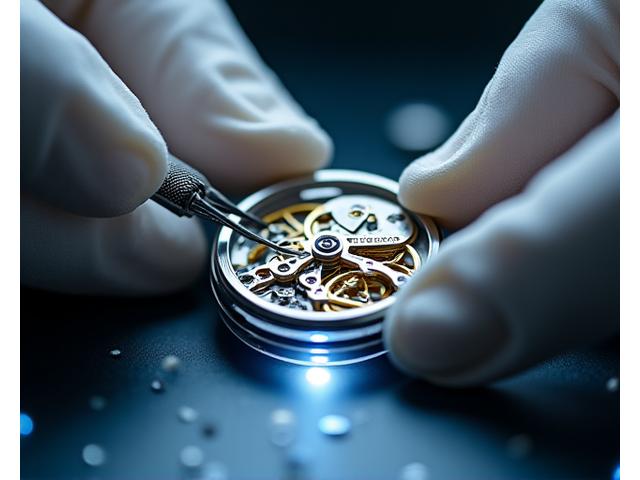 Professional shot of a certified horologist meticulously assembling a watch movement with specialized tools under a bright lamp.