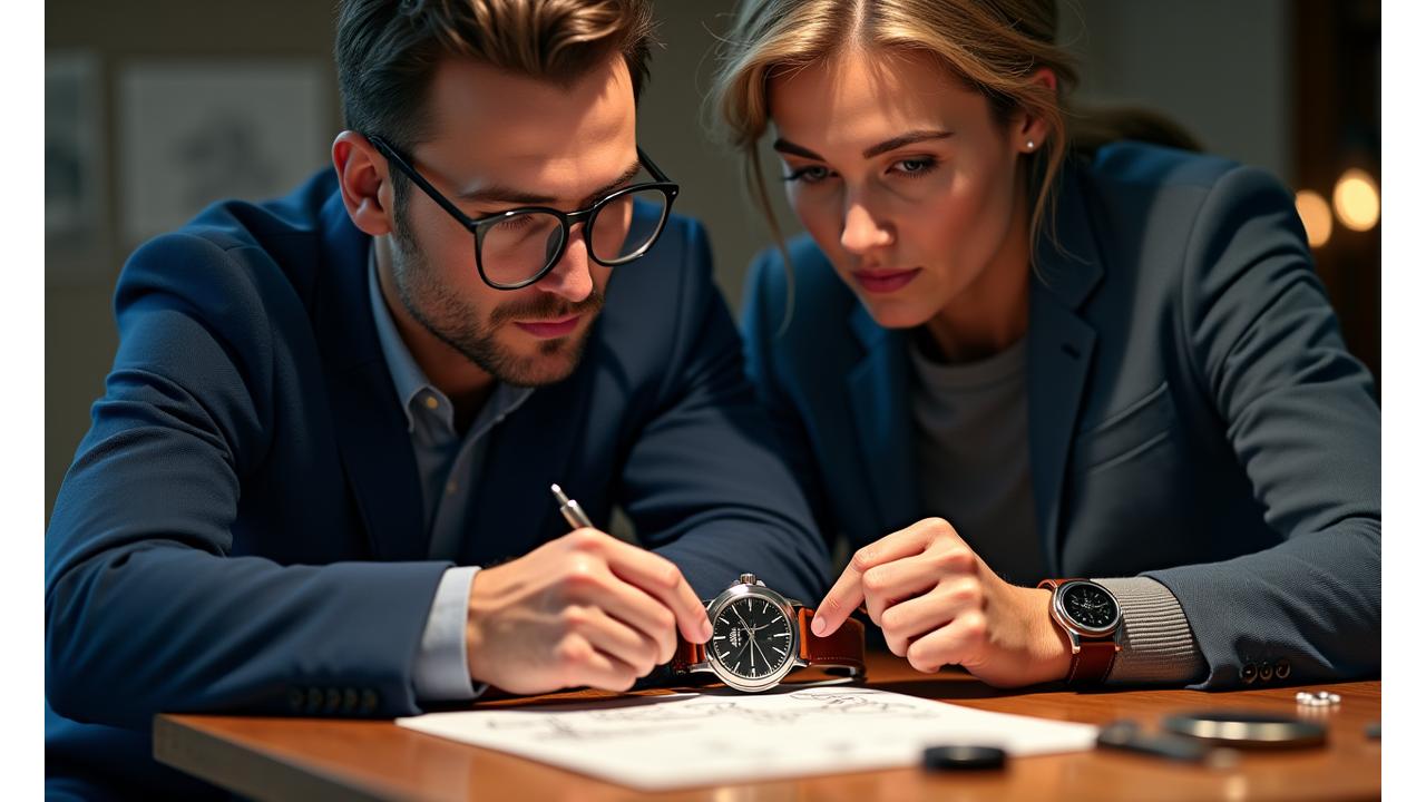 Two sophisticated watch enthusiasts examining a luxury timepiece on a workbench, surrounded by precision tools and design sketches, glowing with warm studio light.