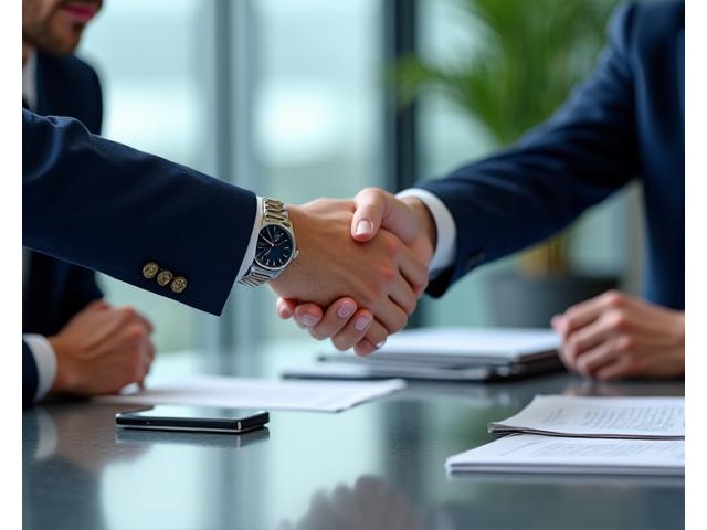 Two businessmen shaking hands across a table with documents and a stylish watch, symbolizing partnership