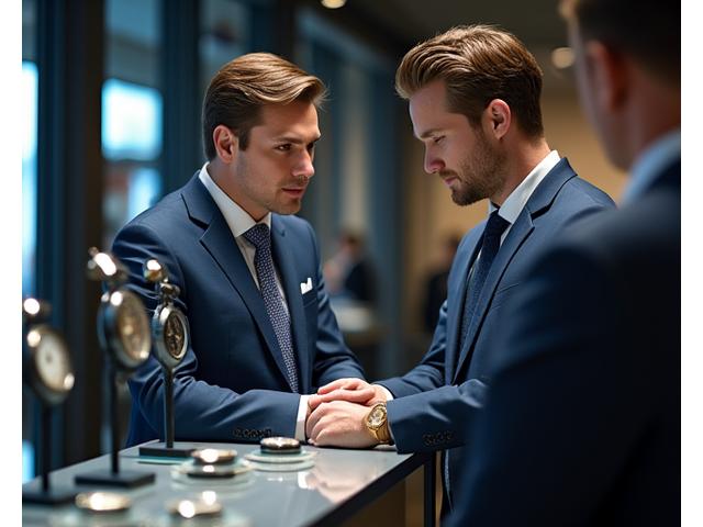 Watch expert discussing timepiece with a client, showing various watches on display