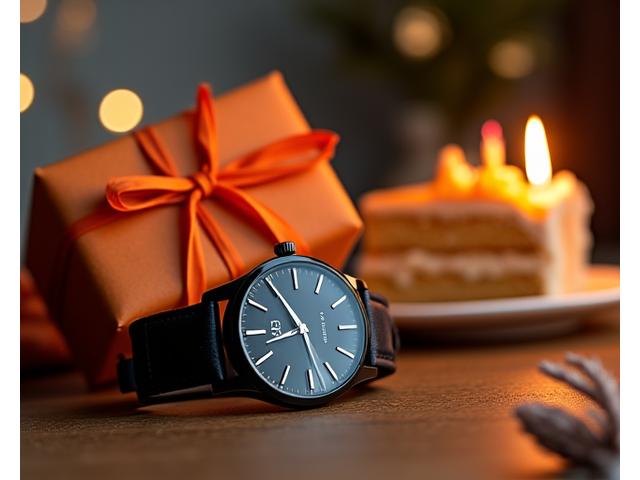 Elegant watch next to a birthday cake and presents
