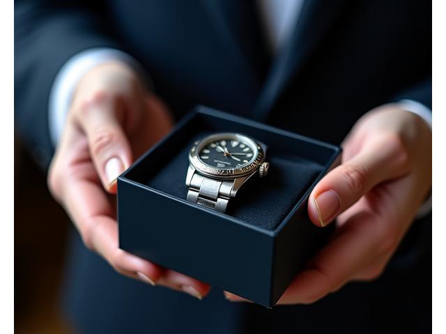 Hands opening an elegant watch gift box with a luxurious watch inside