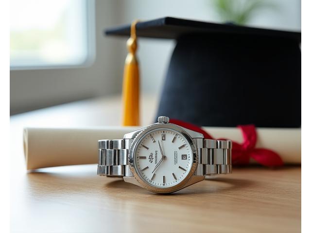 Modern watch with a graduation cap and diploma