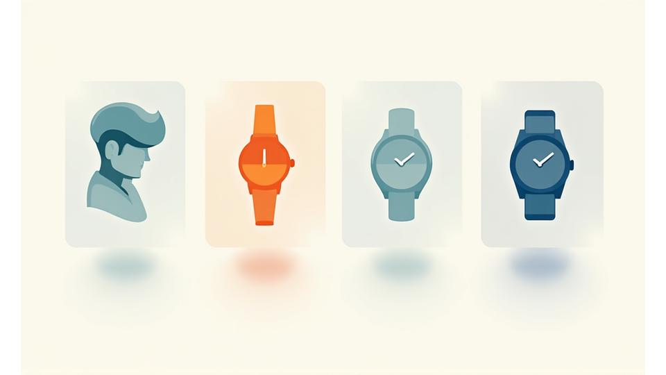 Illustration of different men's styles, each with a matching watch icon
