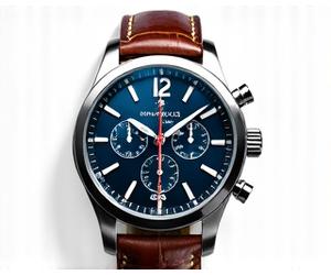 Silver classic chronograph watch with blue dial