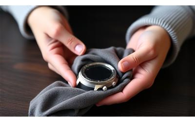Hand wiping a watch crystal with a microfiber cloth