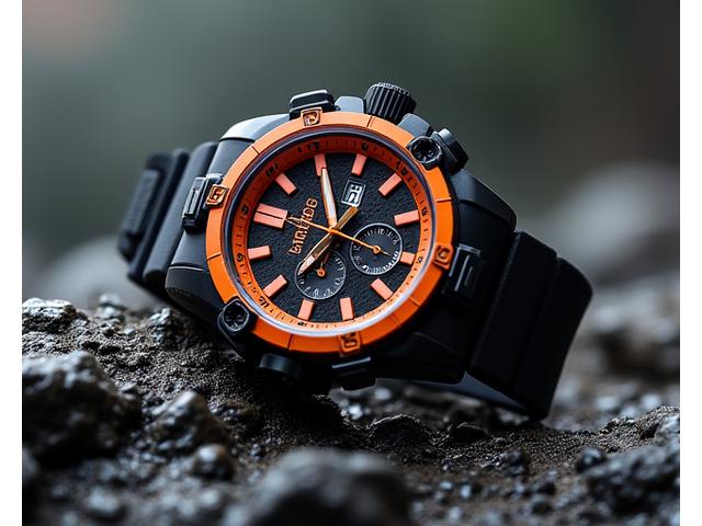Robust sports watch with chronograph features, next to active lifestyle gear