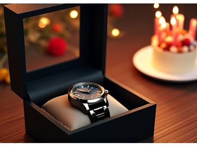 Birthday cake and gift box with a stylish watch