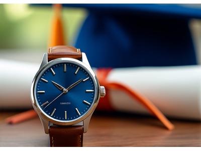 Graduation cap next to a sophisticated watch