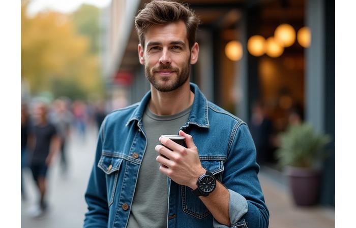 Man wearing a versatile casual watch with a denim jacket outdoors