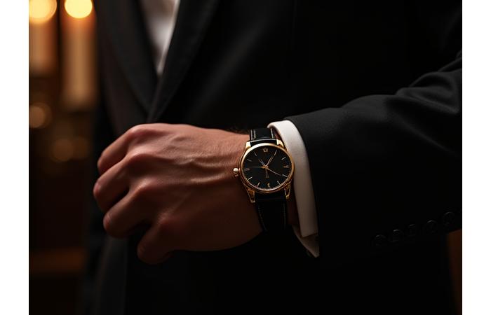 Close-up of a man's wrist with an elegant formal watch and tuxedo cuff