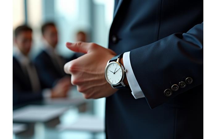 Man in a suit wearing a sleek dress watch at a business meeting