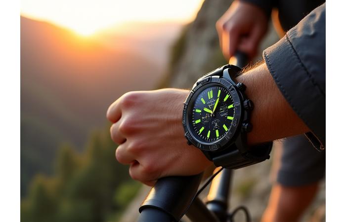 Man wearing a rugged sports watch while hiking outdoors, active and dynamic shot