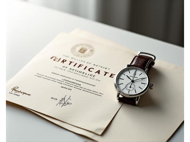 A close-up of a watch's certificate of authenticity, showing a serial number and official seal, next to the watch itself.