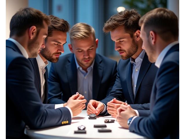 Diverse group of watch collectors engaging in discussion at a stylish event, viewing timepieces.