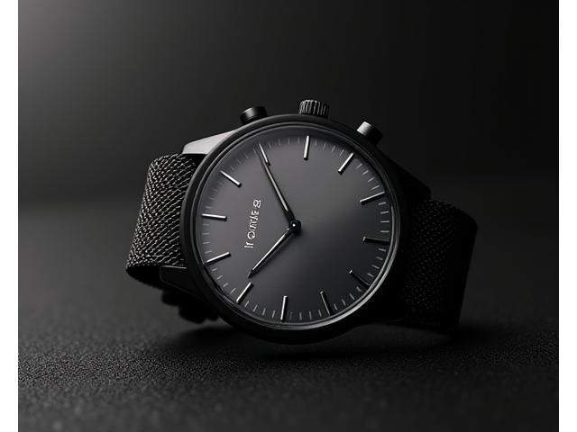 Matte black minimalist watch with a dark grey dial and black mesh band