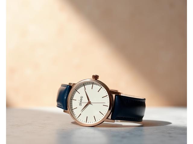 Rose gold minimalist watch with an off-white dial and dark blue leather strap