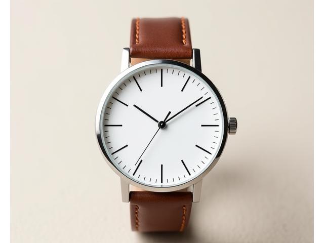 Silver minimalist watch with a white dial and brown leather strap