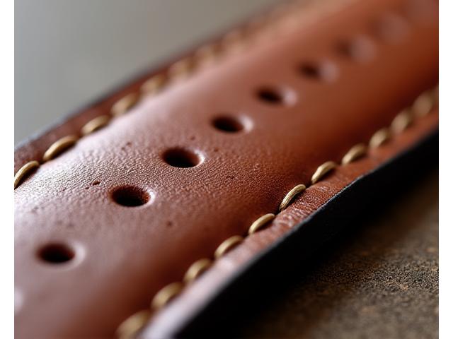 Close-up of a high-quality rich brown leather watch strap with fine stitching