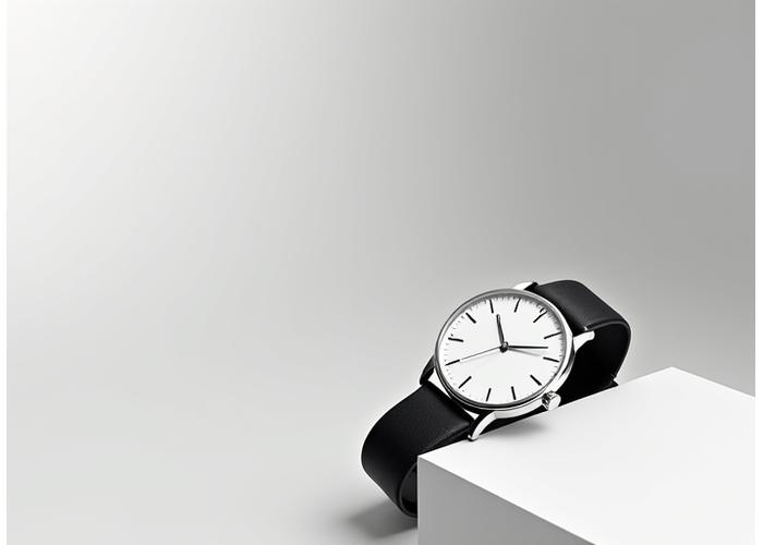 Ultra-slim minimalist men's watch with a clean white dial and black leather strap on a light, uncluttered background