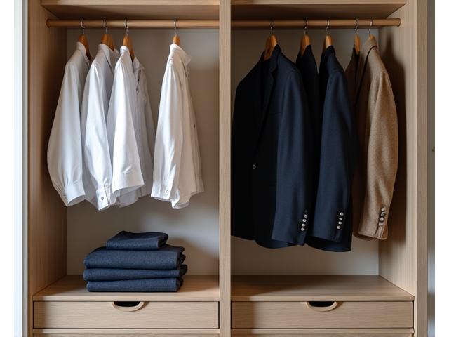 Neatly organized capsule wardrobe with simple elegant clothing