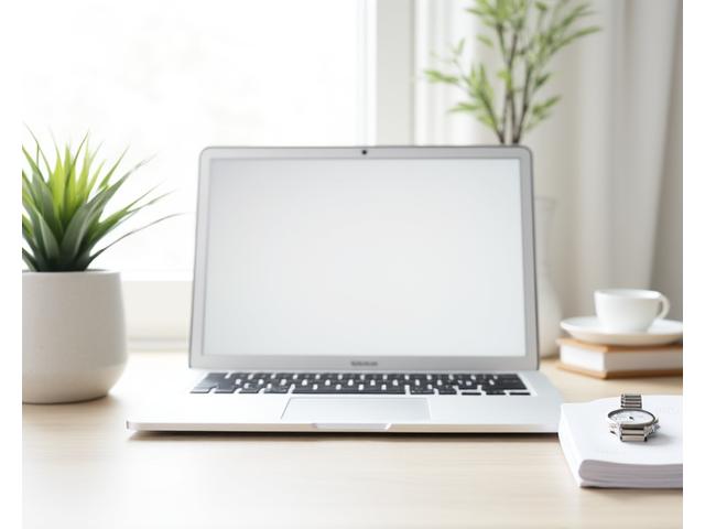 A clean, uncluttered desk with a laptop, a plant, and a minimalist watch