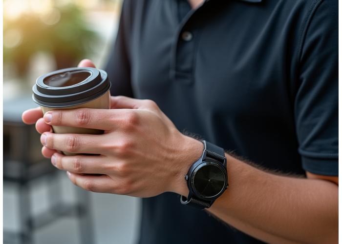 A man wearing a minimalist watch with a casual shirt and jeans, enjoying coffee at a cafe