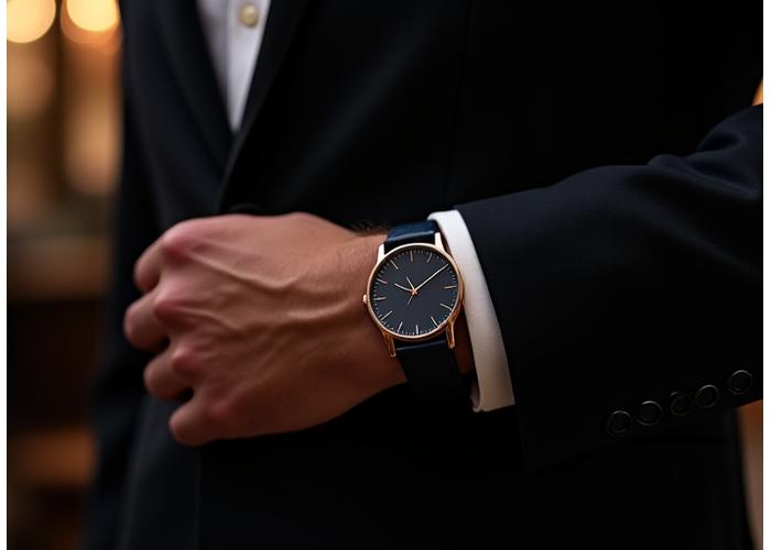A man wearing a minimalist watch with a formal jacket at an elegant evening event