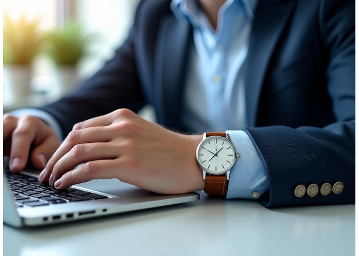 A man wearing a minimalist watch with a suit in an office setting, typing on a laptop
