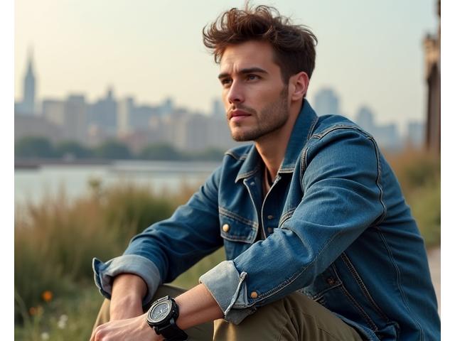 A man with a casual, cool demeanor wearing an oversized sports watch while enjoying an outdoor activity