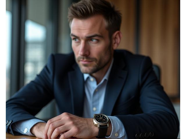 A confident businessman in a tailored suit, subtly showcasing an elegant yet large watch on his wrist during a meeting