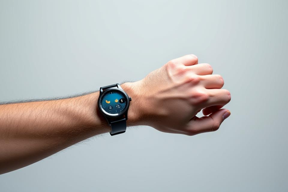 Diagram illustrating different watch case sizes (44mm, 48mm, 52mm) on a male wrist, with guidelines for proportion