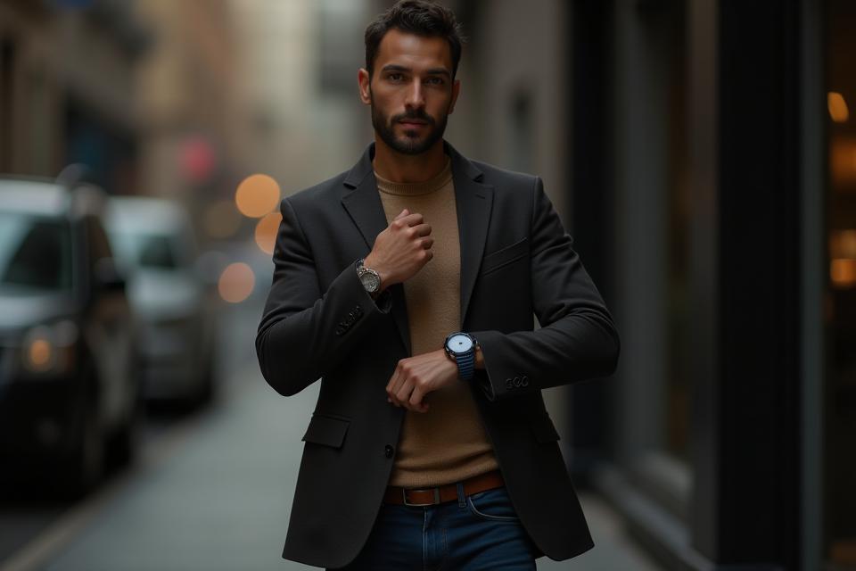 A fashion-forward man wearing an oversized watch, casually dressed in a stylish jacket and jeans, looking confident