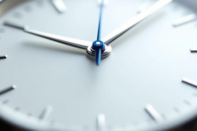 A minimalist quartz watch dial with precise minute markers, a sweeping second hand paused at an exact second, conveying perfect accuracy.