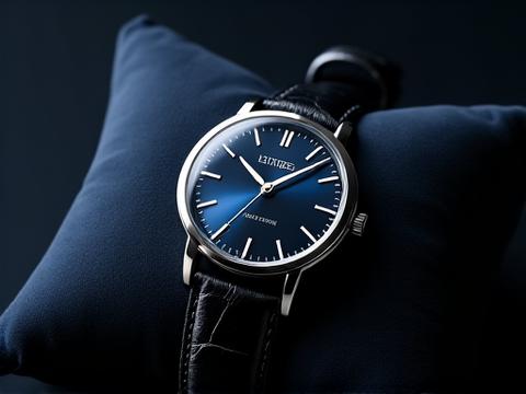 A sleek dress quartz watch with a leather strap and polished stainless steel case on a velvet cushion.