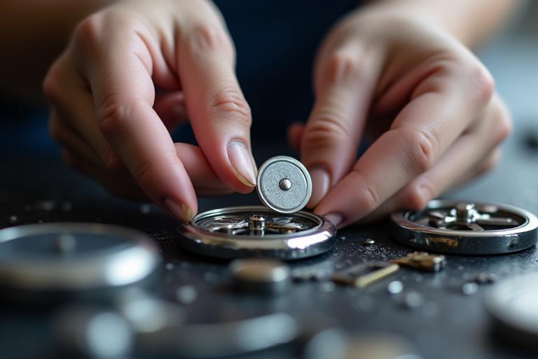 Elegant hands placing a small watch battery into an open watch case, highlighting ease of maintenance.