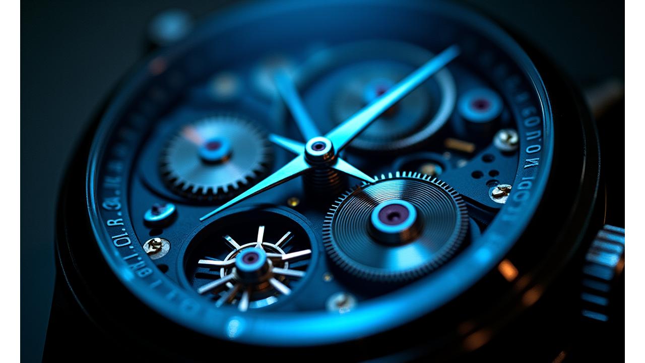 Close-up view of a precision quartz watch movement, showing intricate gears and circuit, glowing with subtle blue light against a dark background.