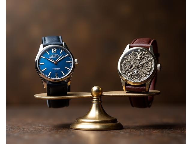 A modern quartz watch delicately balanced on a scale against a heavier, more ornate mechanical watch, symbolizing value and efficiency.