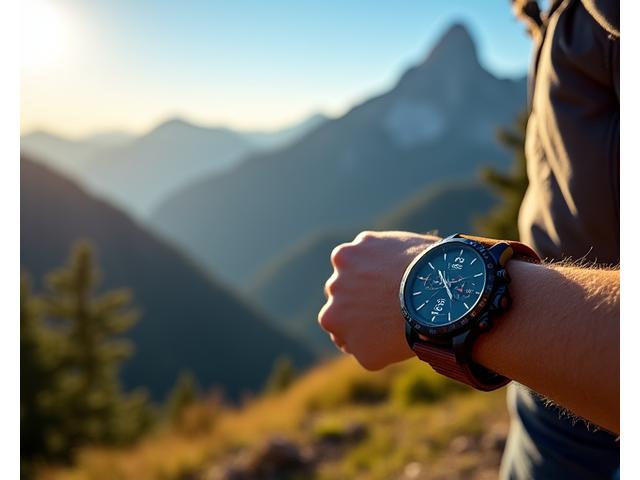 Adventure watch on a hiker's wrist, majestic mountain landscape in the background, compass function visible