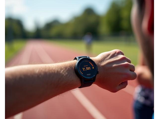 Close-up of a runner's wrist with a sports watch displaying elapsed time, track blurred in background, focus on fitness tracking
