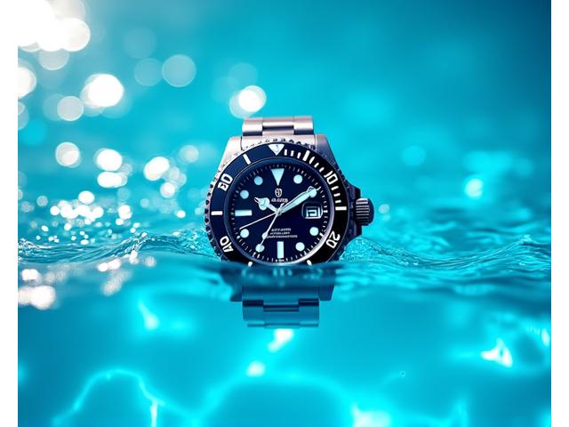 Diver's watch submerged in clear blue water, sun rays filtering through, illustrating water sports