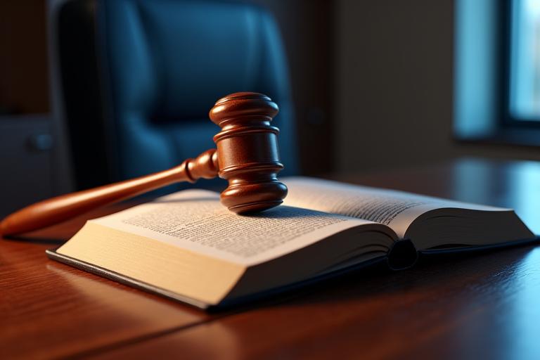 A gavel resting on a legal book on a polished wooden desk, symbolizing legal authority and clear disclaimers.