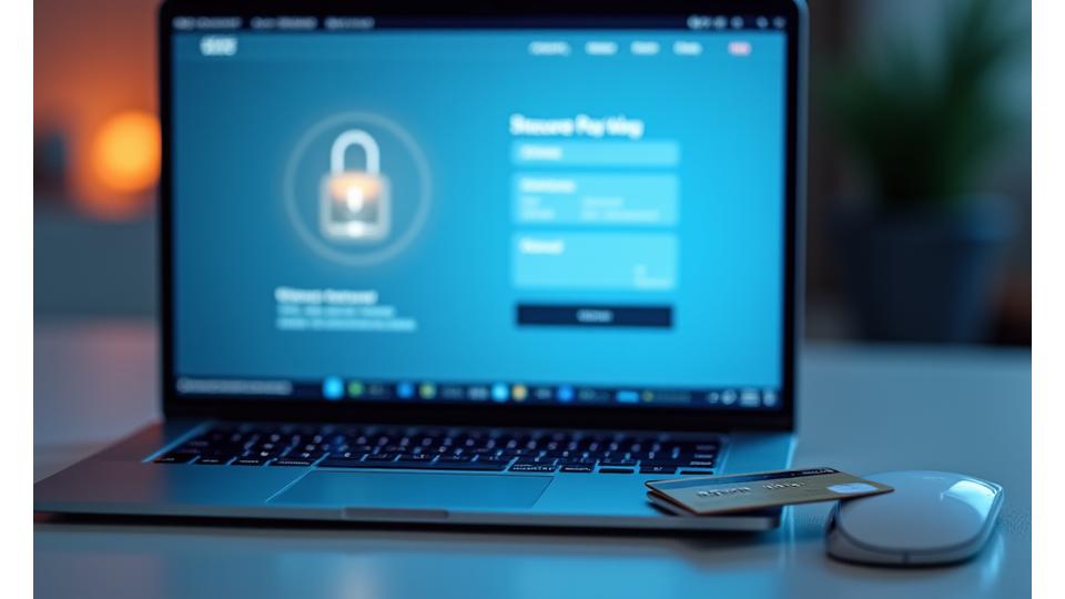 Close-up of a secure online payment interface on a laptop, with a credit card next to it, symbolizing secure payment policies.
