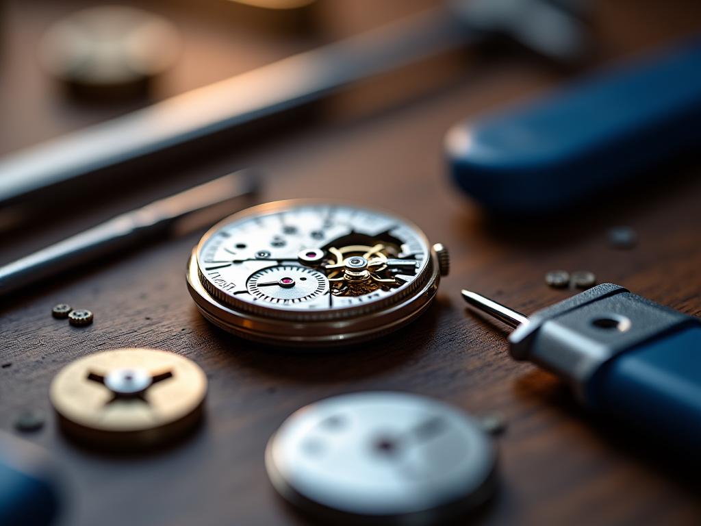 Close-up of a watchmaker's tools precisely placed on a workbench with a disassembled watch, symbolizing expert service and repair.